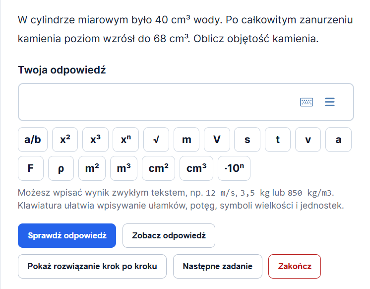 Zadanie z fizyki w sprawdzsie.pl z polem własnej odpowiedzi, klawiaturą fizyczną oraz przyciskiem pokazującym rozwiązanie krok po kroku